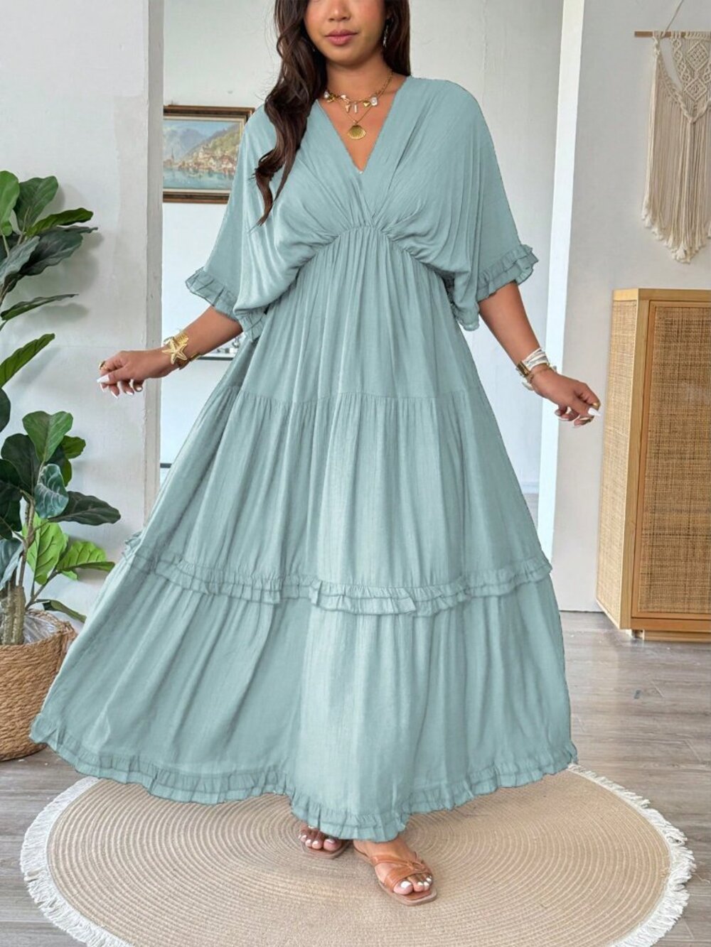 Blue Casual Women's Plus Size French Style Romantic Ruffle Trim Dress - Picture 5 of 7